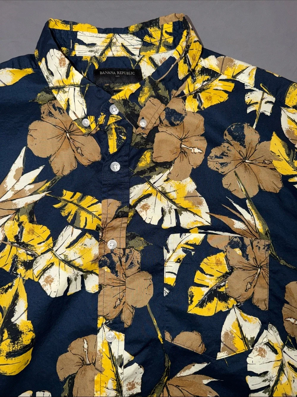 Banana Republic Navy Short-Sleeve Button-Down with Yellow & Brown Floral Print